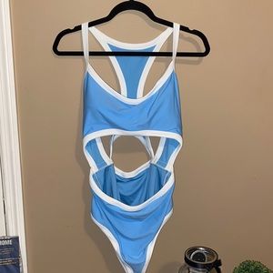 Blue and White Aerie Cut-Out One Piece Swimsuit